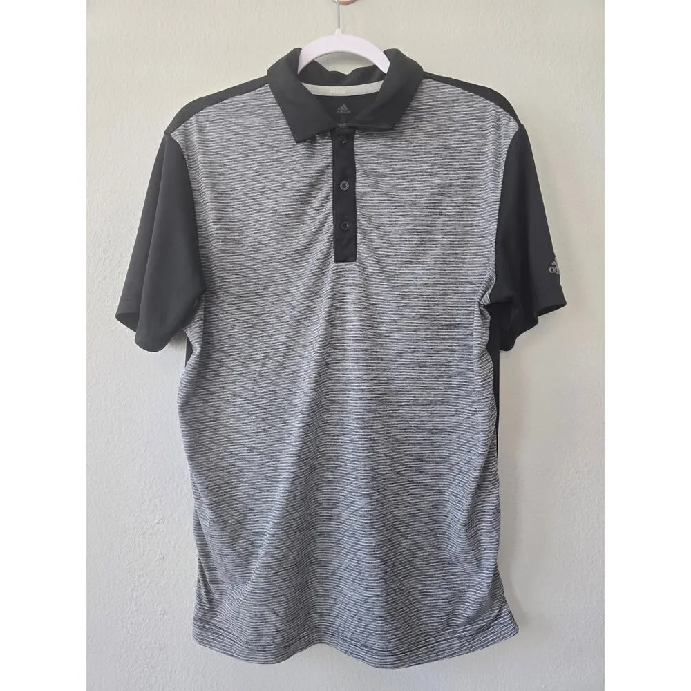 Adidas Golf Polo Shirt Mens Small Black Gray Striped Performance Comfort Casual